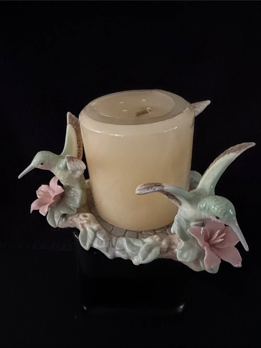 Galactika Pastel Green and Pink Porcelain Hummingbird Candle Holder/Trinket Dish